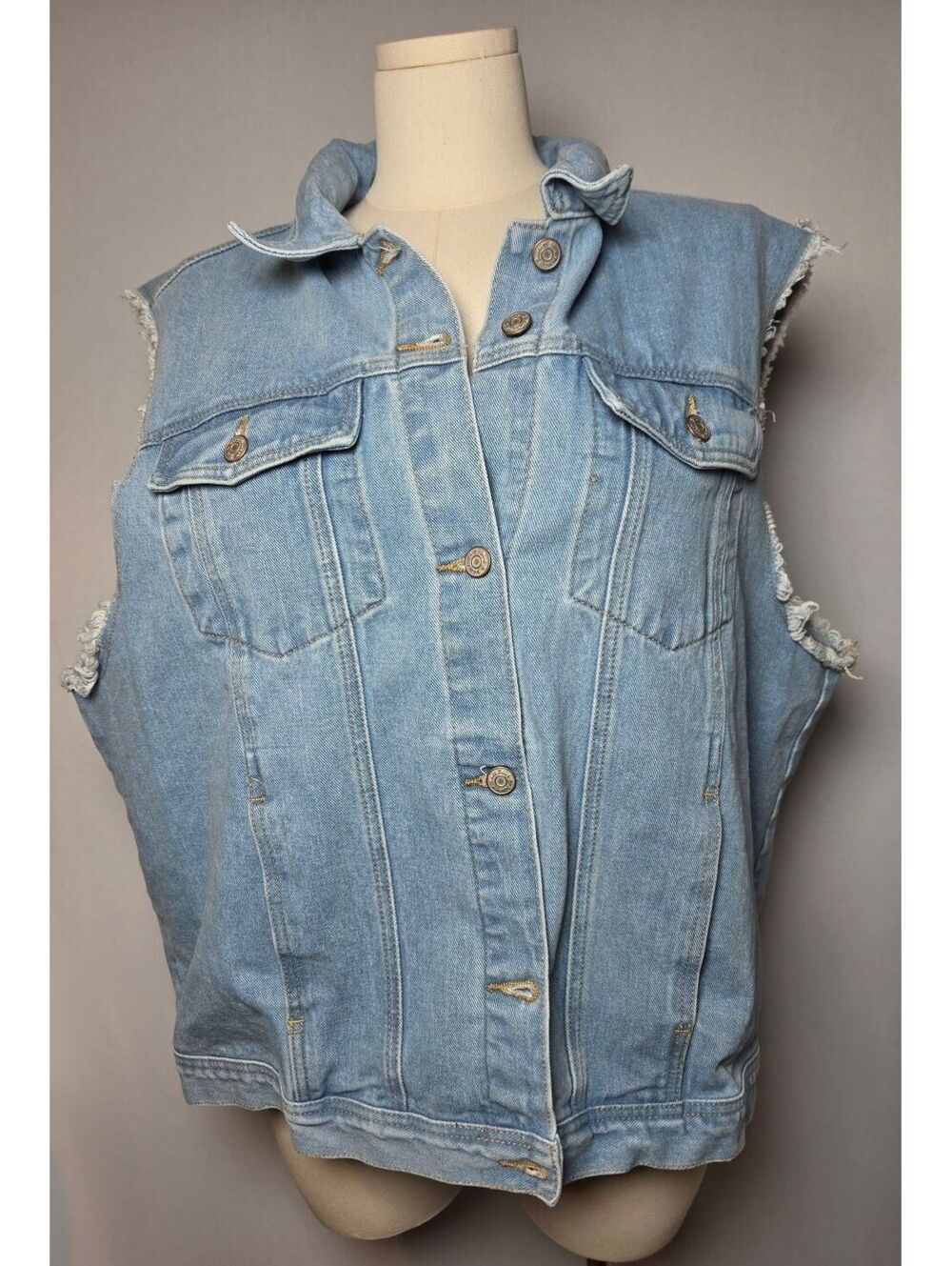 White Birch XXL Denim Vest Rhinestone Fringe Distressed Sleeveless Jean Jacket